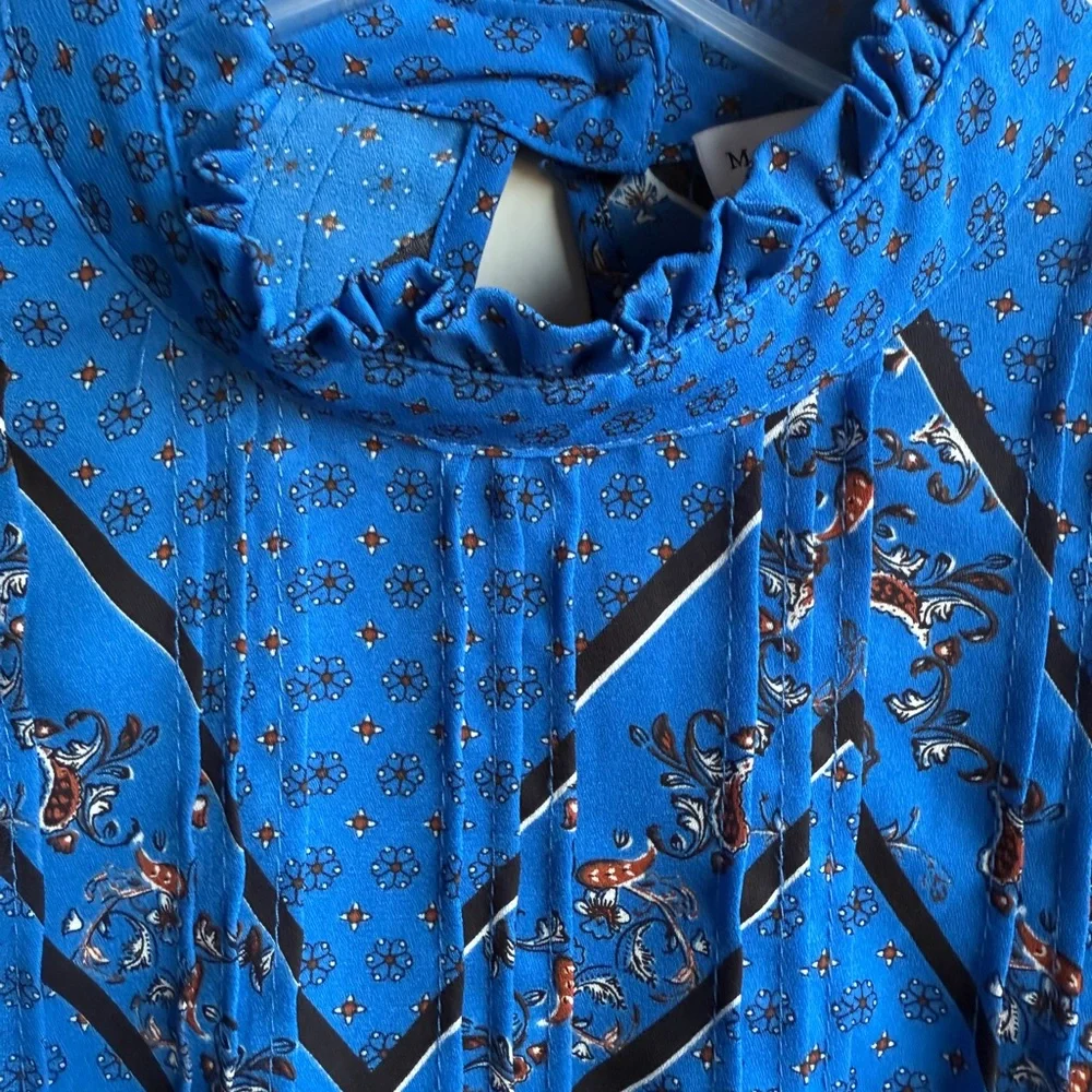 Boho Blue Blouse Balloon Sleeve Ruffle Neck Lightweight S